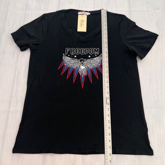 Roshop Women's Freedom Logo Short Sleeve V-neck Black T shirt size L - Picture 5 of 7